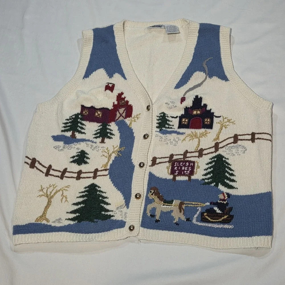 Capacity Sweater Vest Womens 2X White Winter Sleigh Ride Christmas Grandmacore